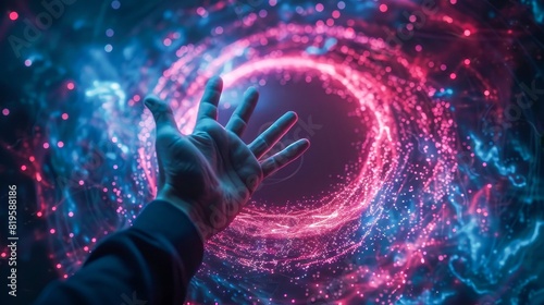 Touching the unknown A hand reaches out to a swirling portal in space.