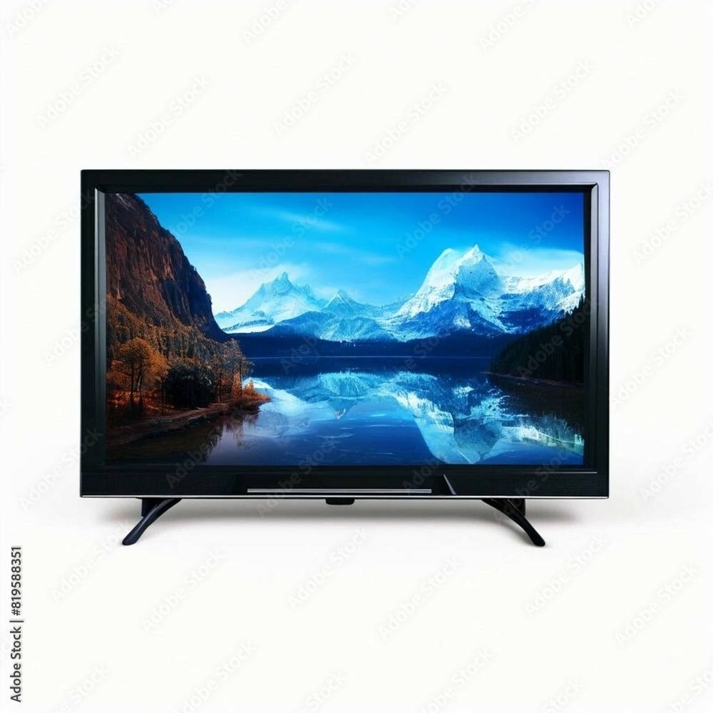 Fototapeta premium lcd TV with legs with the screen off, mountain landscape, lake, reflection. Isolated on transparent background, cutout, mockup for graphic design