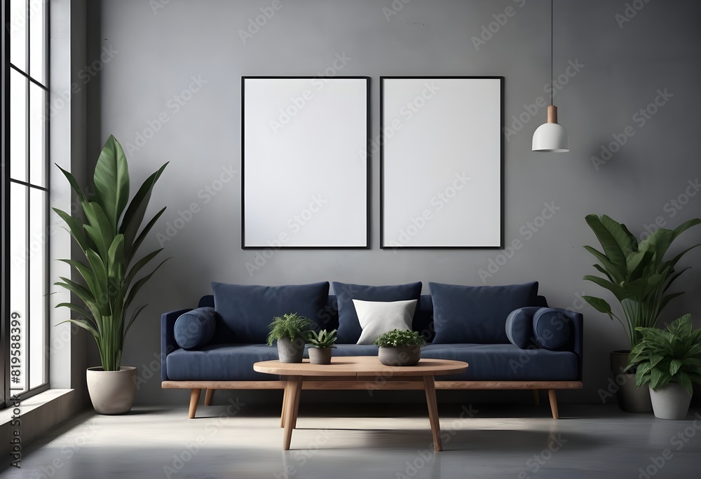 Modern living room interior with a blank poster on the wall, plants, and furniture on a concrete background, mockup concept. Mockup Wall Modern living room interior with a blank poster on the wall, plants, and furniture on a concrete background, mockup concept. Mockup Wall