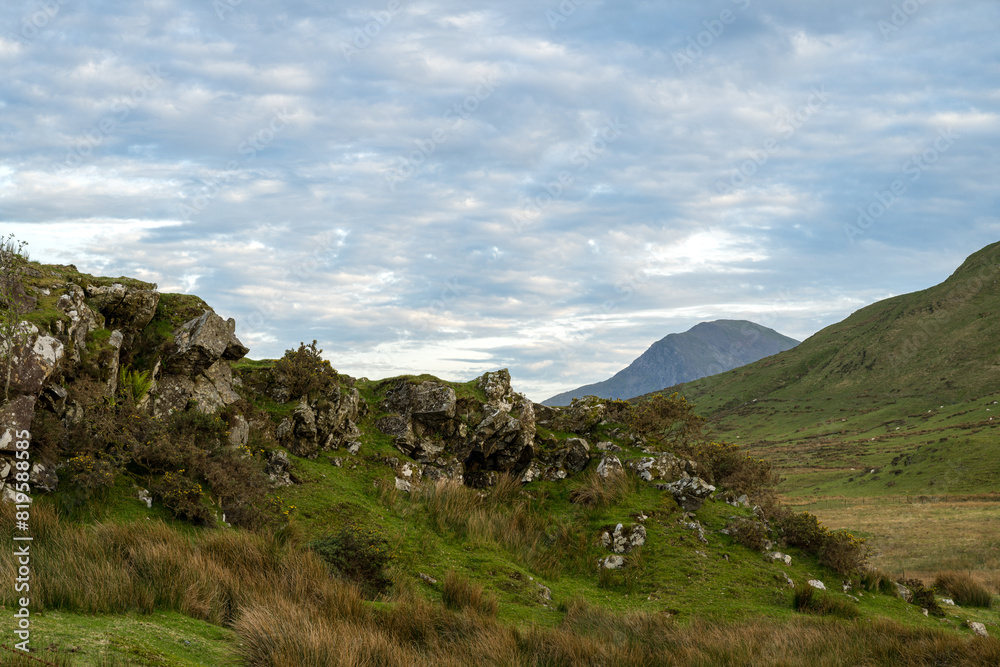 View of the mountain Moel Hebog in the Eryri National Park, Wales, UK from Llyn Dywarchen.