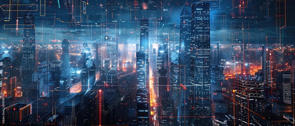 IoT-enabled smart city infrastructure copy space, urban tech theme, futuristic, multilayer, cityscape backdrop IoT-enabled smart city infrastructure copy space, urban tech theme, futuristic, multilayer, cityscape backdrop