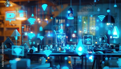 IoT devices connected via 5G network focus on  connectivity theme  whimsical  manipulation  smart home backdrop