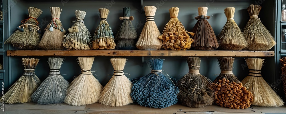 A variety of handmade brooms arranged on a shelf, showcasing different materials and colors in a rustic setting. A variety of handmade brooms arranged on a shelf, showcasing different materials and colors in a rustic setting.