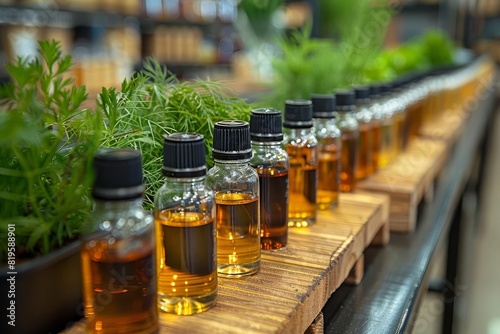 A row of essential oil bottles with herbs in the background, lined up on a wooden shelf in a store setting. photo
