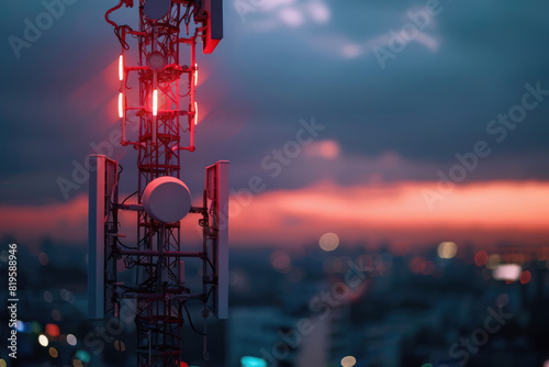5G tower transmitting high-speed internet signals close up, network theme, realistic, overlay, cityscape backdrop photo