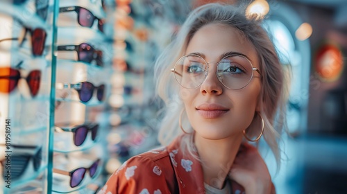 A beautiful blonde woman tries on glasses, standing in front of a display of various eyeglass frames. In the optometry shop, a lady explores the eyewear options, a blend of fashion and clarity