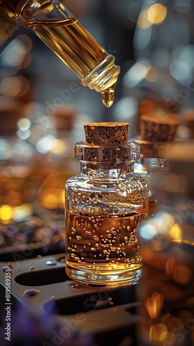 Close-up of amber-colored liquid being poured into glass bottle, creating a serene setting. Perfect for themes of aromatherapy and relaxation. © Arnon  Parnnao