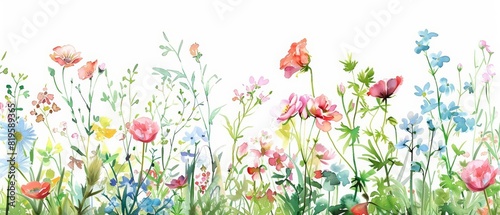 Fototapeta Naklejka Na Ścianę i Meble -  A cute watercolor of a whimsical garden where the flowers whisper secrets to each other under a cerulean sky