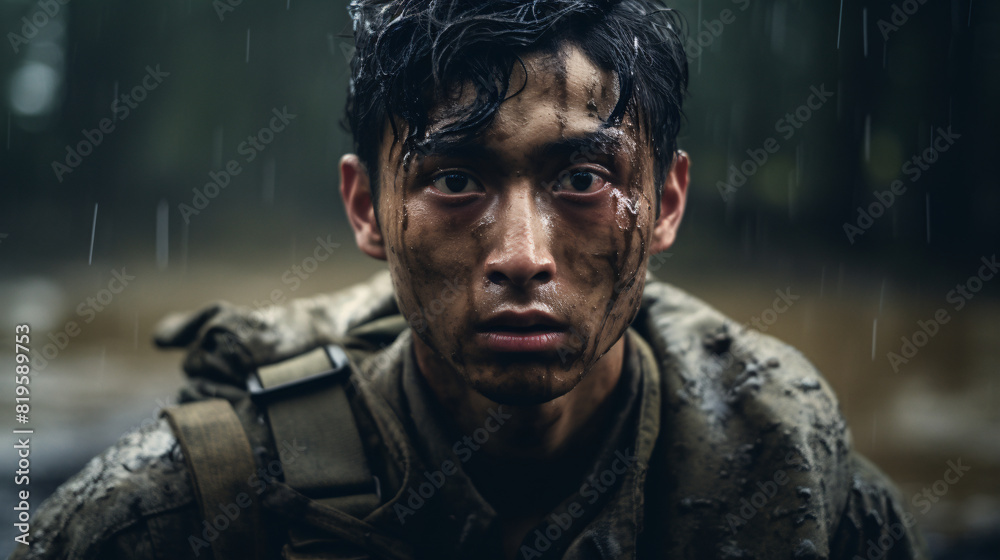 World war solder in the war, sad mood on face, closeup ,Asian solder, World war solder in the war, sad mood on face, closeup ,Asian solder,