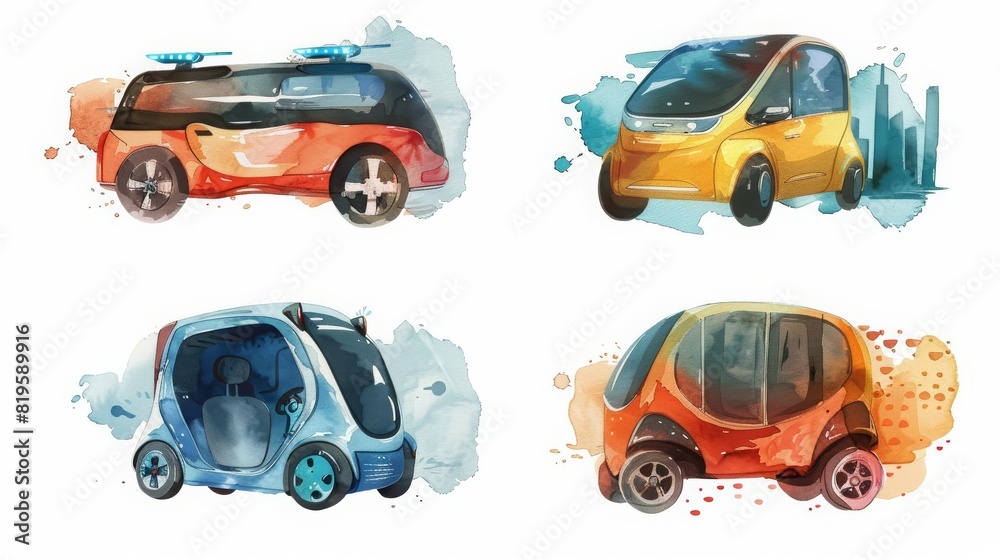 Fototapeta premium A set of water color of autonomous vehicles navigating cityscapes, revolutionizing urban transport, Clipart isolated concept minimal with white background