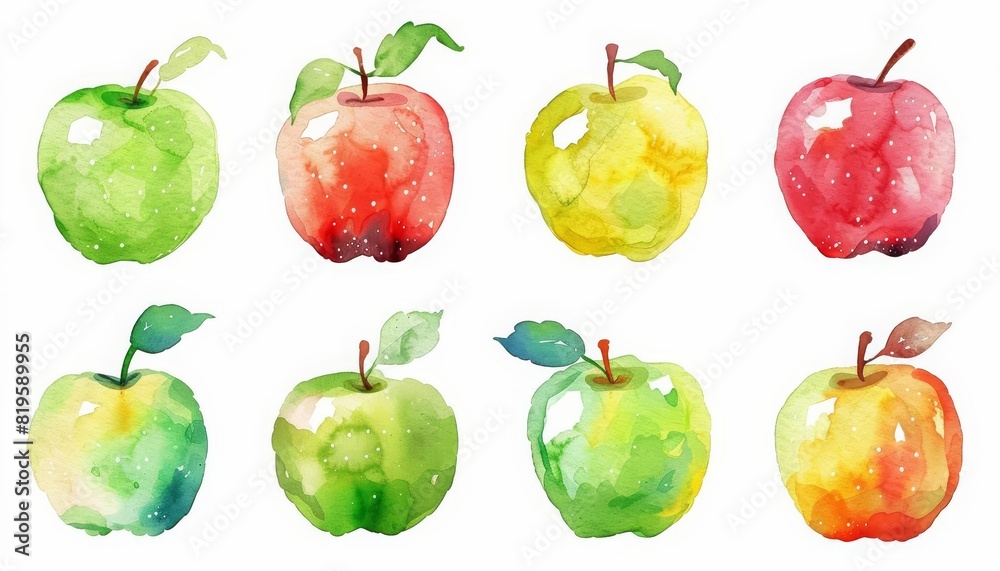 A set of water color of apple varieties, from tart to sweet, captured in their natural essence, Clipart isolated concept minimal with white background A set of water color of apple varieties, from tart to sweet, captured in their natural essence, Clipart isolated concept minimal with white background