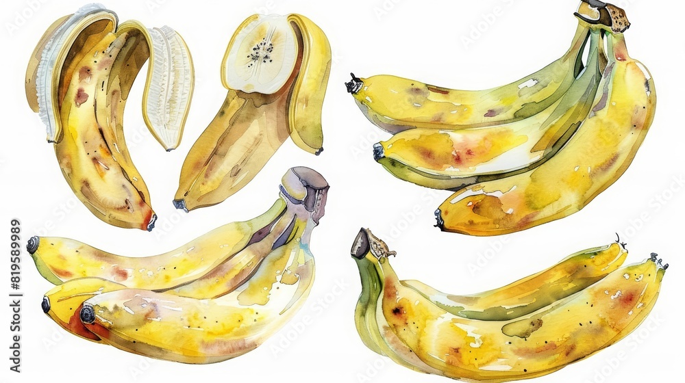 A set of water color of banana bunches, a staple of energyrich diets, Clipart isolated with a white background A set of water color of banana bunches, a staple of energyrich diets, Clipart isolated with a white background