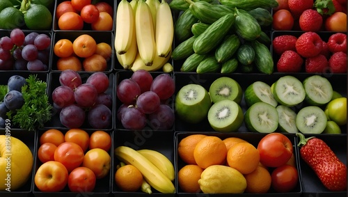 Collage of color fruits and vegetables. Fresh ripe food