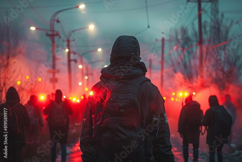 Hooded figure standing with a crowd during a night protest, illuminated by red lights and streetlamps, creating a dramatic and intense atmosphere.