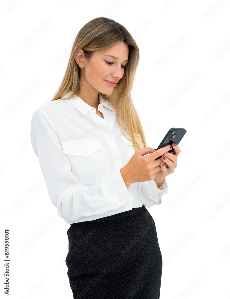 Smiling businesswoman with smartphone in hands, isolated over white background Smiling businesswoman with smartphone in hands, isolated over white background