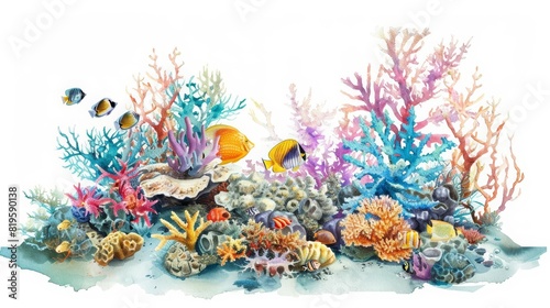 A set of water color of coral reefs teeming with marine life  a vivid showcase of biodiversity  Clipart isolated with a white background