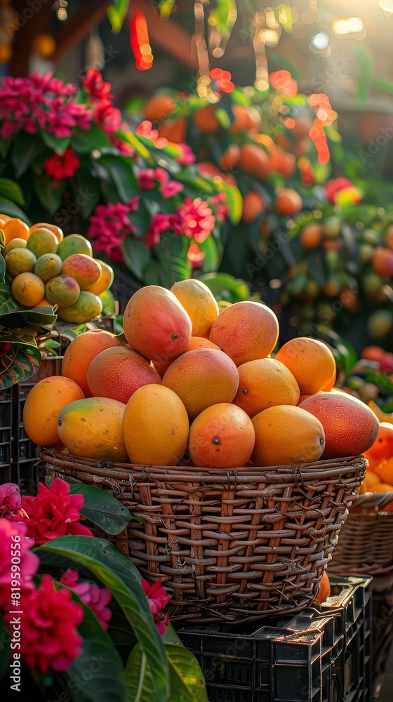 A basket of fresh mangoes at a vibrant outdoor market surrounded by colorful flowers and other fruits under warm sunlight.