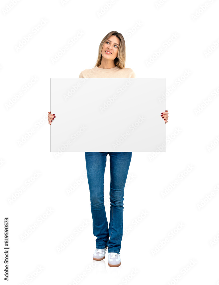 Young woman standing with blank mock up banner, white background Young woman standing with blank mock up banner, white background