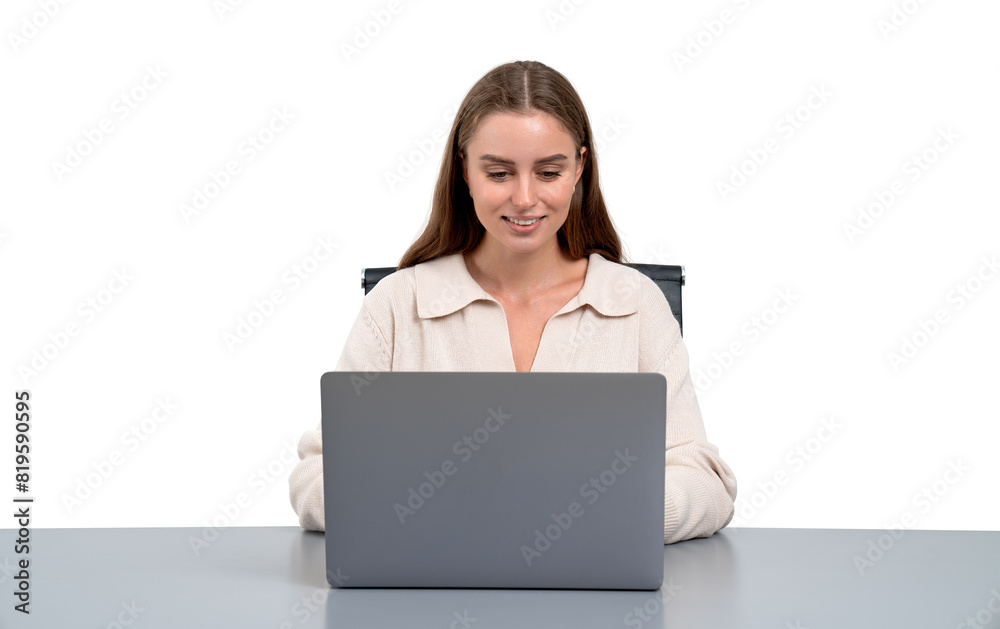 Young woman with laptop on desk, smiling. Isolated over white background Young woman with laptop on desk, smiling. Isolated over white background