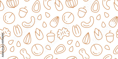 Nut seamless pattern with line icons. Vector background of dry nuts and seeds - almond, macadamia, cashew, hazelnut, peanut, pecan, walnut, pistachio, acorn. Food background.