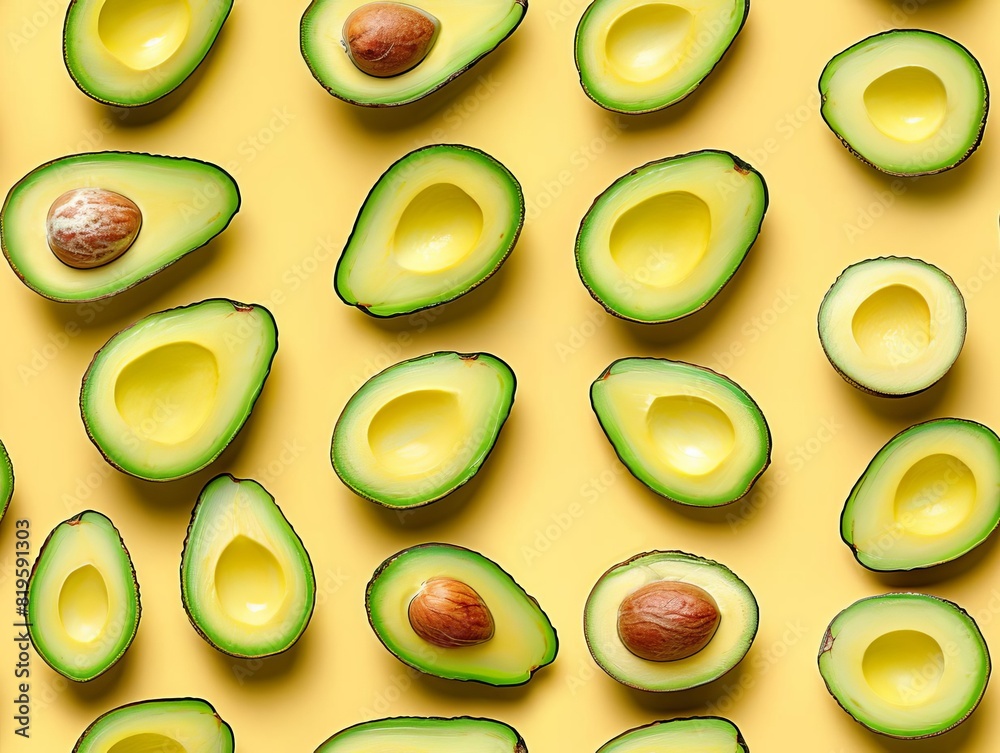 Pattern of fresh avocado halves with seeds on a vibrant yellow background. Perfect for healthy lifestyle and food-related visuals. Pattern of fresh avocado halves with seeds on a vibrant yellow background. Perfect for healthy lifestyle and food-related visuals.