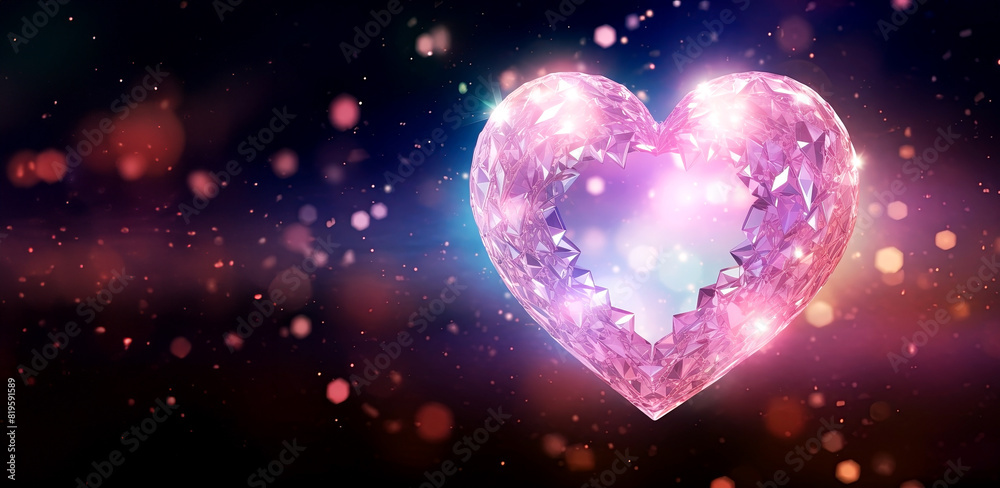Glowing heart on bokeh background. Valentine's day concept, panoramic layout. Generative Ai