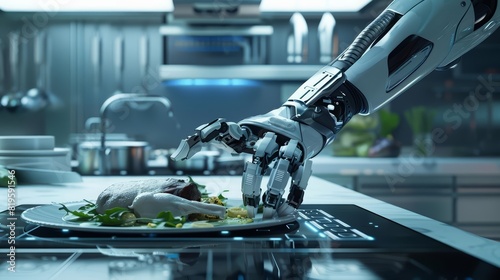 Closeup of a futuristic chef using robotic arms to prepare a meal in a smart kitchen photo