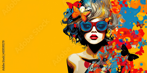 Fashion girl in sunglasses. Pop art style, panoramic layout. Generative Ai © Alexandra