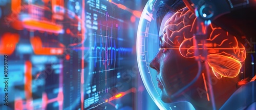 Closeup of a neurologist analyzing brain wave data on a holographic display with Glow HUD big Icon of neurology photo