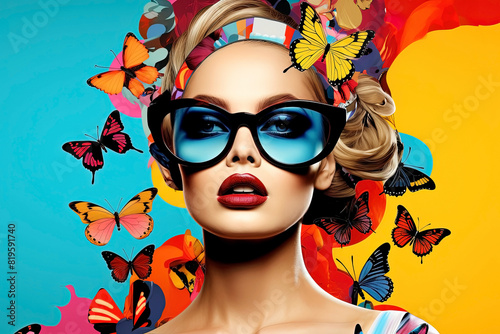 Portrait of a beautiful young woman with bright make-up and stylish sunglasses. Generative Ai