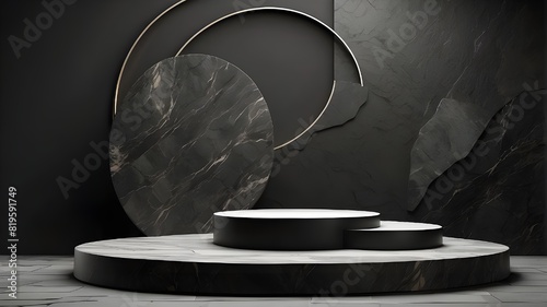 Black podium stone backdrop rock product showcase 3D abstract stage scene studio with dark stand platform. Black space podium mockup pedestal geometric marble showcase with a stone wall for a minimali photo