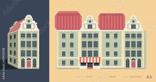 Laser cutting Amsterdam style house. Stylized facades of old building. Paper carving vector template