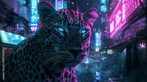 Half body shot with face of a humanoid leopard in a neonlit urban setting photo