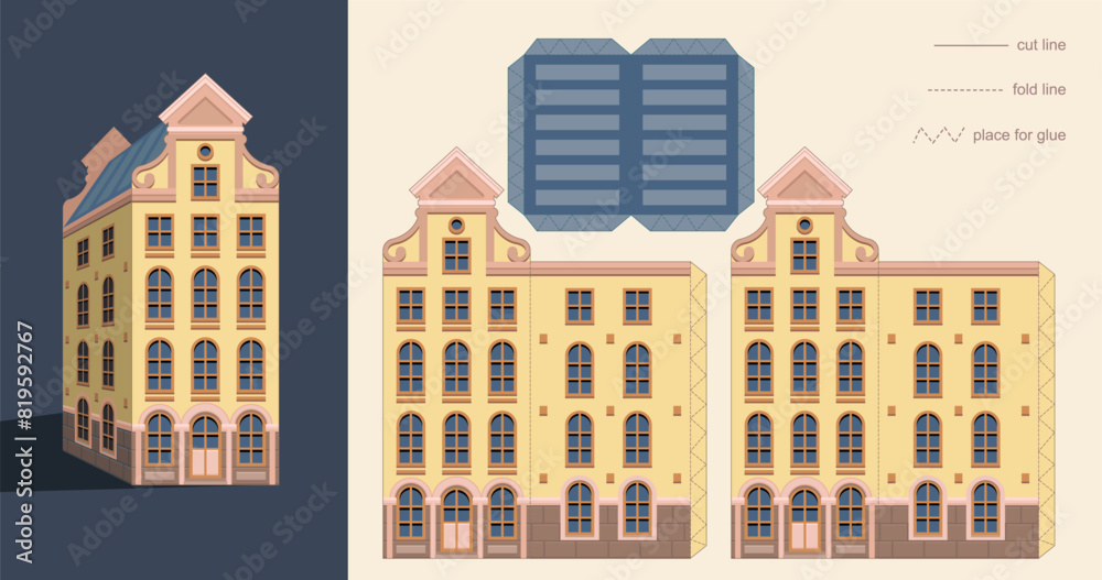 Laser cutting Amsterdam style house. Stylized facades of old building. Paper carving vector template