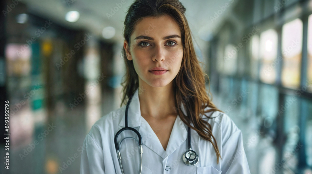 Portrait of a female doctor in a medical gown against the background of the hospital. Medical specialist in the clinic Portrait of a female doctor in a medical gown against the background of the hospital. Medical specialist in the clinic