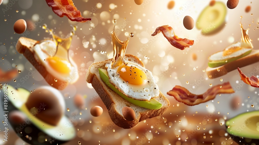 Airborne breakfast: toast, eggs, bacon, avocado with floating coffee droplets. Airborne breakfast: toast, eggs, bacon, avocado with floating coffee droplets.