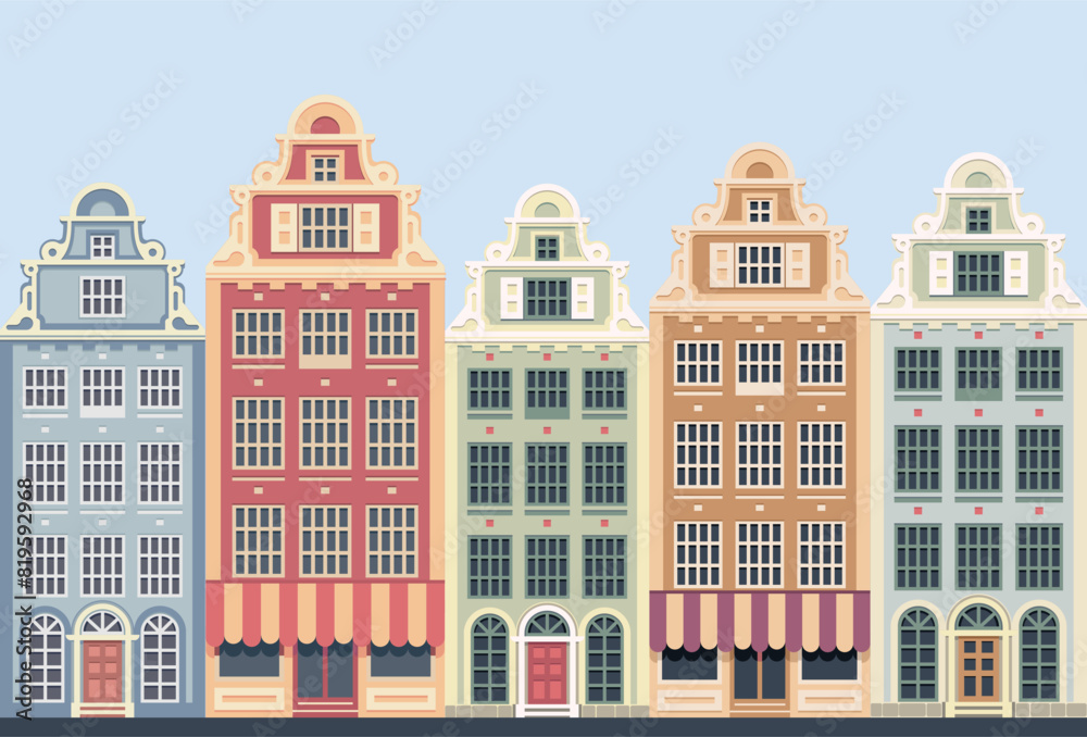 Amsterdam style houses. Silhouette of a row of typical Dutch canal view at Netherlands.