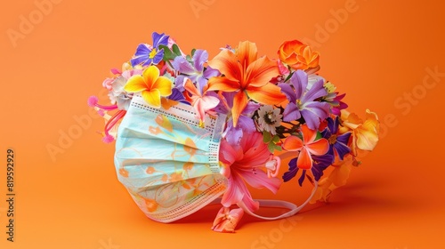 A medical mask decorated with spring flowers, with a place for text. Seasonal allergic diseases, asthma.