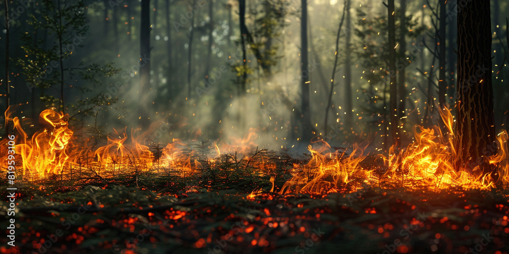 Fire and smoke destroy all life. Ecological catastrophe concept. Wildfire forest fire in the afternoon. Grass and trees are burning. Grass is burning in meadow