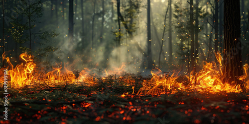 Fire and smoke destroy all life. Ecological catastrophe concept. Wildfire forest fire in the afternoon. Grass and trees are burning. Grass is burning in meadow