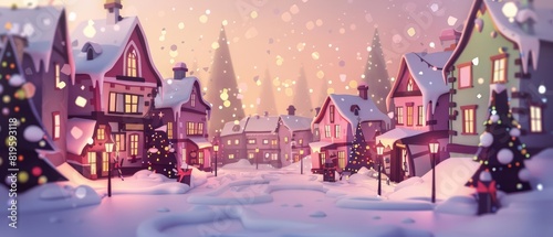 Paper Effect greeting card concept illustration of a quaint village during Christmas, adorned with snow and festive lights, displayed in classic styles color © Sweettymojidesign