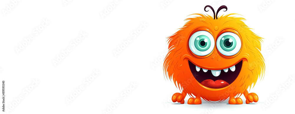 Funny orange cartoon monster on white background, panoramic layout. Generative Ai