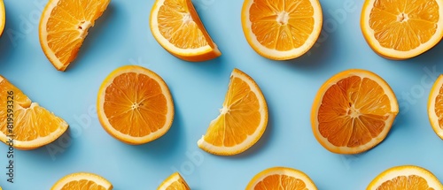Slices of fresh orange arranged on a light blue background, showcasing vibrant citrus fruit in a visually appealing pattern.