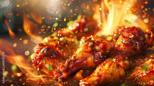 The fiery energy of a spicy chicken wings platter is captured in a dynamic layout, perfect for a sports bar menus vibrant advertisement