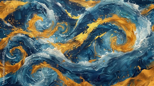 The magic of fairytale ocean waves, rendered in gold and navy swirls, forms a unique backdrop for childrens book illustrations in an oil paint texture photo
