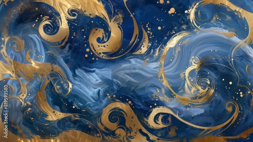 The magic of fairytale ocean waves, rendered in gold and navy swirls, forms a unique backdrop for childrens book illustrations in an oil paint texture
