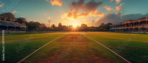 The quiet grandeur of a cricket ground at dawn, the pitch pristine and untouched, surrounded by historic stands, with copy space #819593598