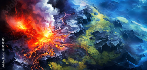 Volcanic eruption with lava and smoke, panoramic layout. Generative Ai
