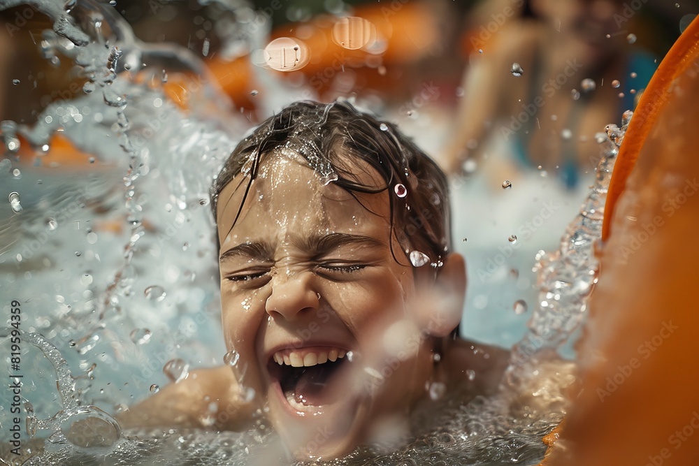 A close-up of a child's expression of pure joy as they splash into a pool at the bottom of a water slide, surrounded by mist and laughter. A close-up of a child's expression of pure joy as they splash into a pool at the bottom of a water slide, surrounded by mist and laughter.