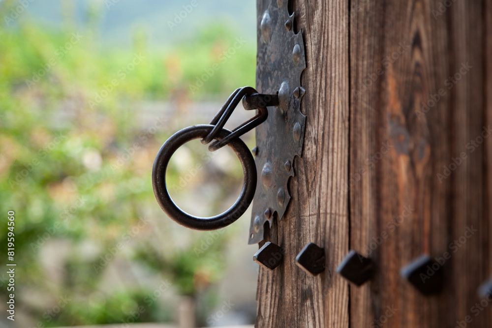 View of the metal door ring in the traditional Korean door